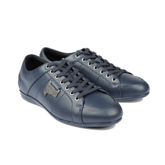 Versace Collection Blue Leather Low Top Logo Sneakers EU 43 US Mens Size 10 NIB - Picture 3 of 7